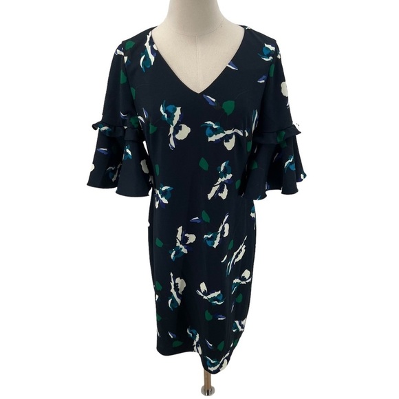 Ralph Lauren Navy Floral V Neck Lined Bell Sleeve Dress Size 6 Women’s - Picture 1 of 8